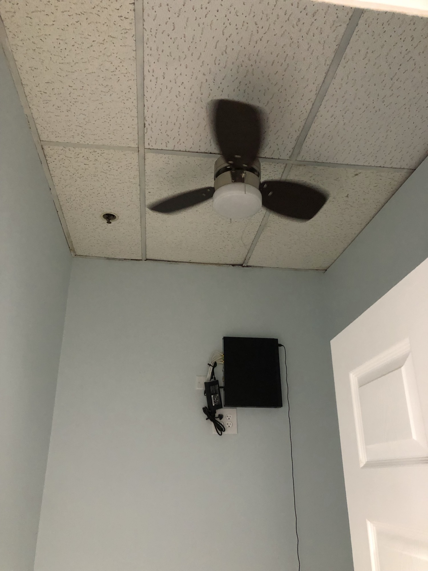 Small ceiling fan on a drop ceiling